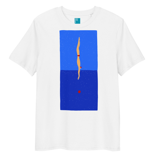 A white organic swim shirt featuring a stylized illustration of a swimmer in a red swimsuit performing a perfect dive into dark blue water, with a red dot representing the splash. 