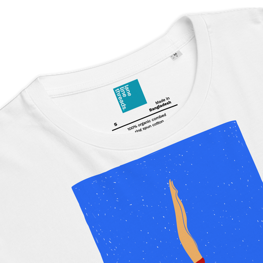 White organic swim shirt with blue art and 'Laine Threads' label on a white background