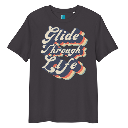 Anthracite organic cotton swim shirt with retro “Glide Through Life” text design, eco-friendly biodegradable t-shirt for swimmers