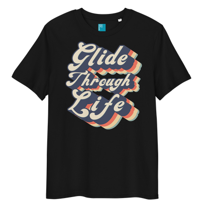 Black organic cotton swim shirt with retro “Glide Through Life” text design, eco-friendly biodegradable t-shirt for swimmers