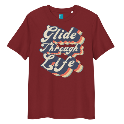 Burgundy organic cotton swim shirt with retro “Glide Through Life” text design, eco-friendly biodegradable t-shirt for swimmers
