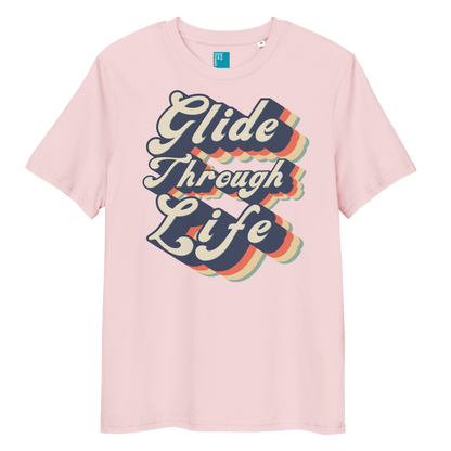 Pink organic swim shirt with retro “Glide Through Life” text design, eco-friendly biodegradable t-shirt for swimmers
