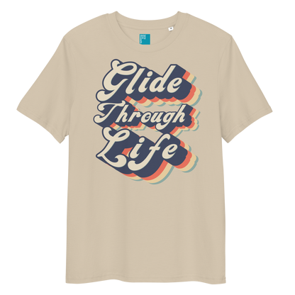 Beige organic swim shirt with retro “Glide Through Life” text design, eco-friendly biodegradable t-shirt for swimmers 