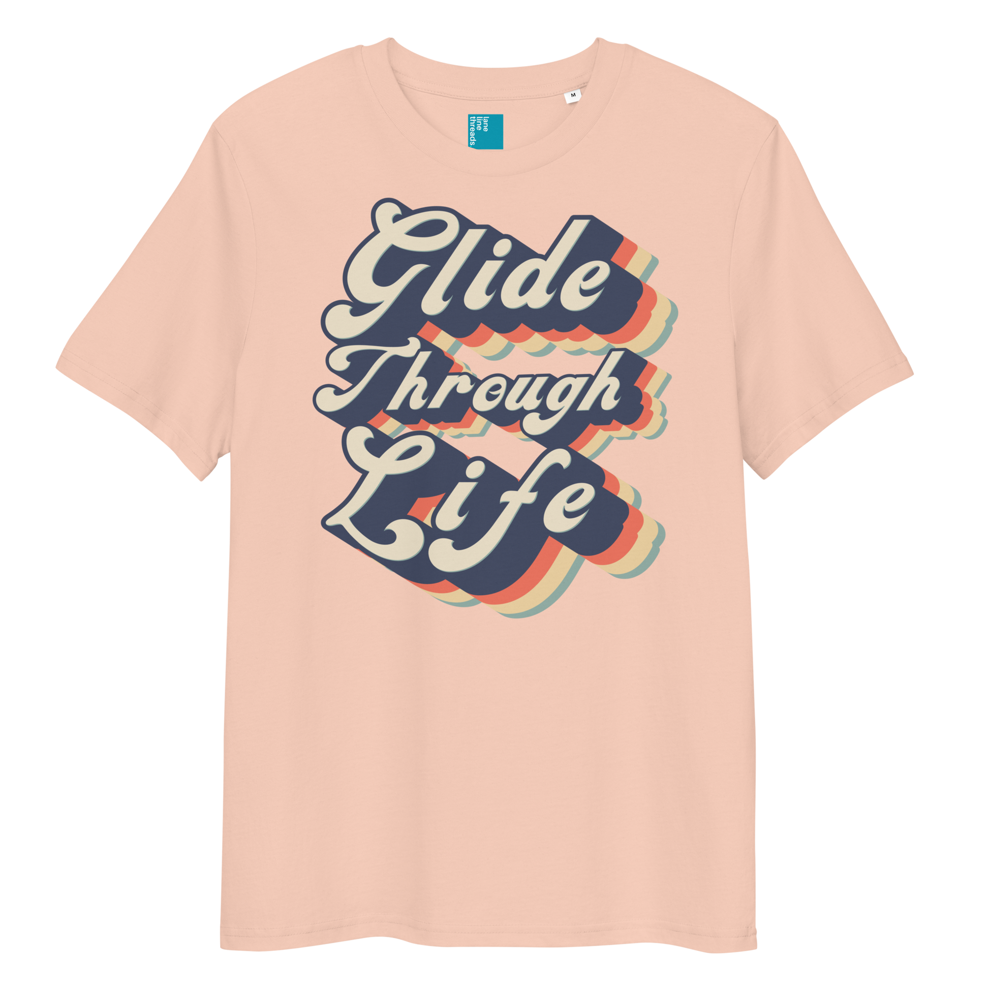 Peach organic swim shirt with retro “Glide Through Life” text design, eco-friendly biodegradable t-shirt for swimmers