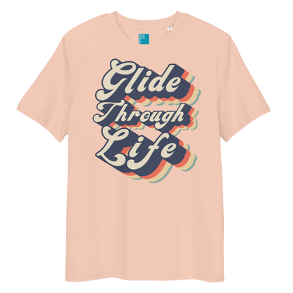 Peach organic swim shirt with retro “Glide Through Life” text design, eco-friendly biodegradable t-shirt for swimmers