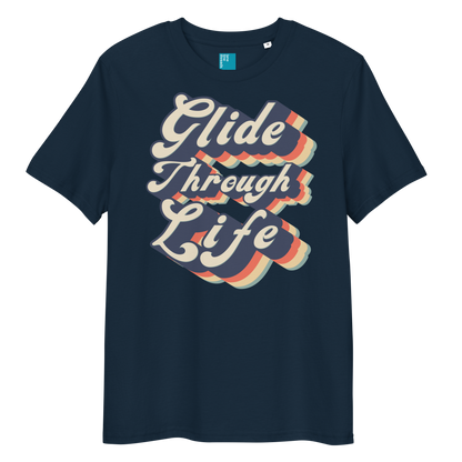 Navy organic cotton swim shirt with retro “Glide Through Life” text design, eco-friendly biodegradable t-shirt for swimmers