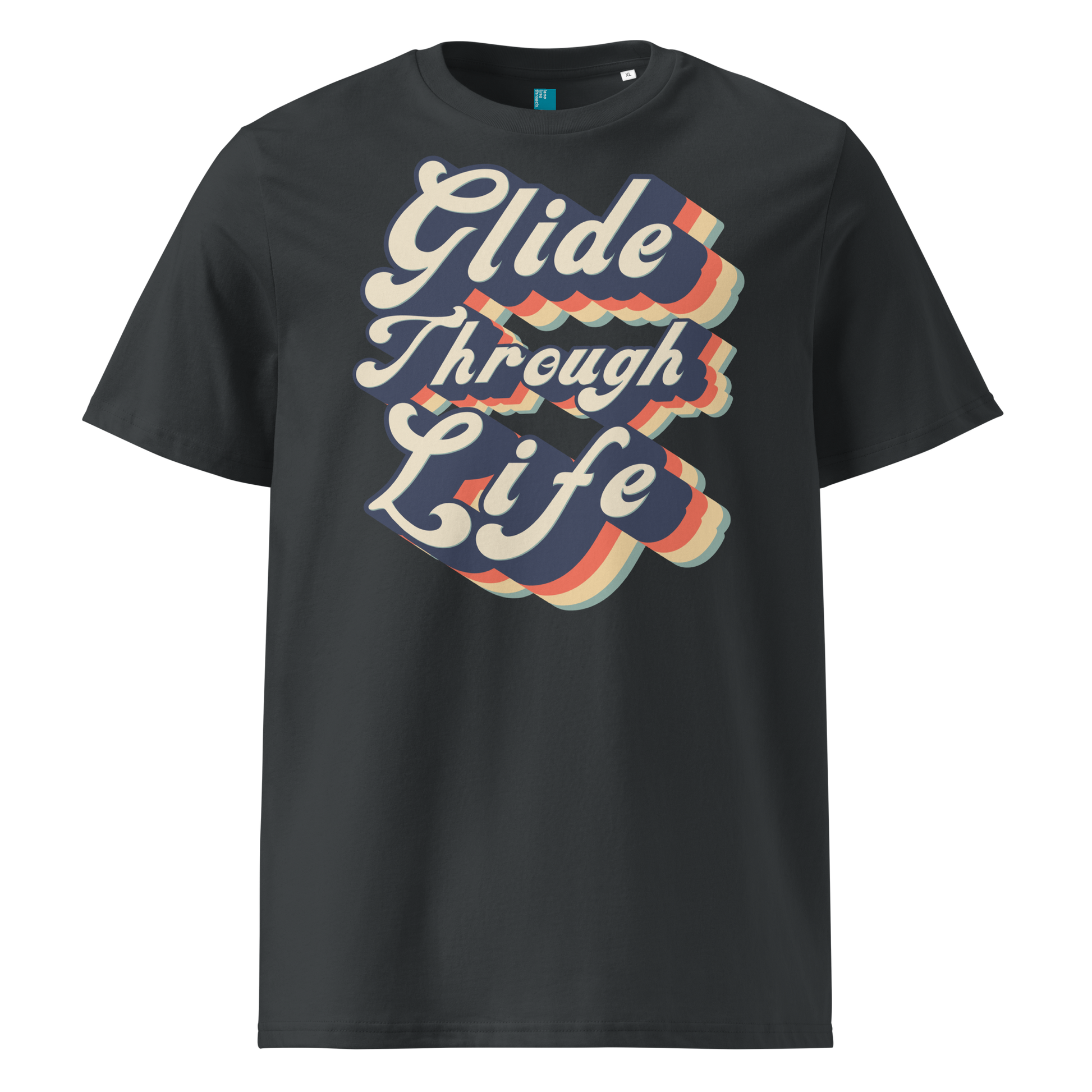Grey organic swim shirt with retro “Glide Through Life” text in bold navy, red, orange, and teal, made from 100% biodegradable organic cotton by Lane Line Threads.
