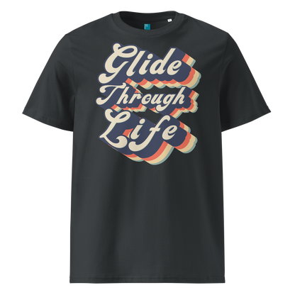 Grey organic swim shirt with retro “Glide Through Life” text in bold navy, red, orange, and teal, made from 100% biodegradable organic cotton by Lane Line Threads.