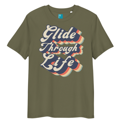 Khaki organic swim shirt with retro “Glide Through Life” text design, eco-friendly biodegradable t-shirt for swimmers