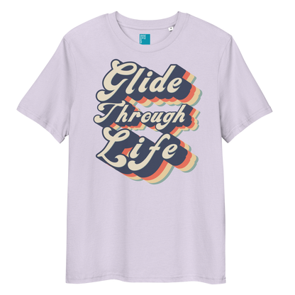 Lavender organic swim shirt with retro “Glide Through Life” text design, eco-friendly biodegradable t-shirt for swimmers