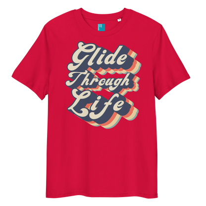 Red organic cotton swim shirt with retro “Glide Through Life” text design, eco-friendly biodegradable t-shirt for swimmers