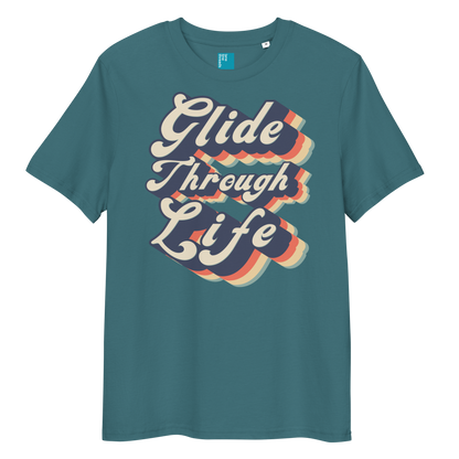 Blue organic cotton swim shirt with retro “Glide Through Life” text design, eco-friendly biodegradable t-shirt for swimmers