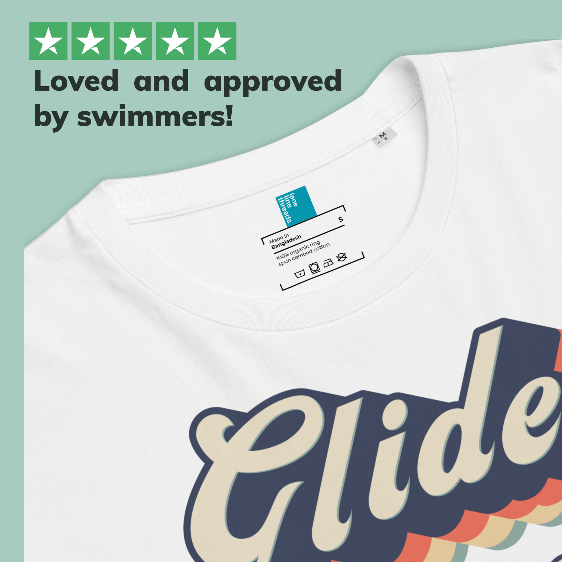 White organic swim shirt with 'Glide' design and Lane Line Threads brand label on a light green background