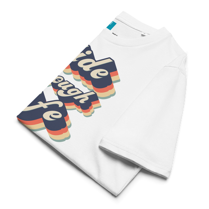 White folded organic swim shirt with colorful  text