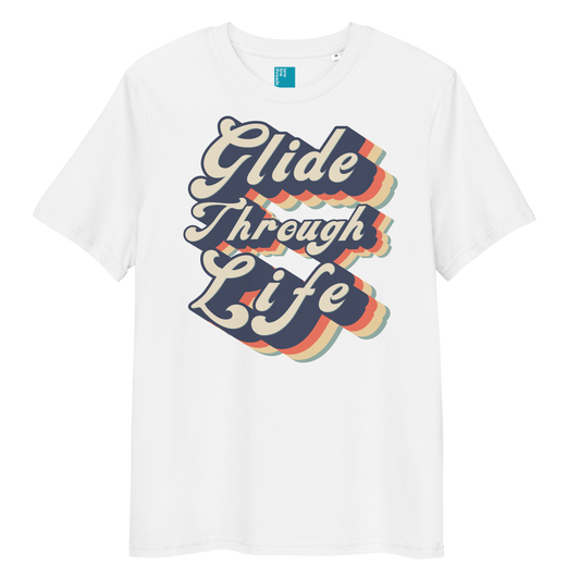 White organic swim shirt with retro “Glide Through Life” text design, eco-friendly biodegradable t-shirt for swimmers