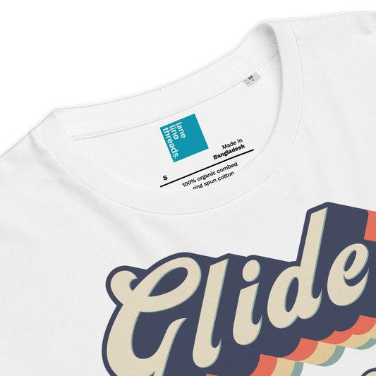 White organic swim shirt with 'Glide' text and brand label on a white background