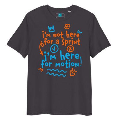 Anthracite organic swim shirt with “I’m Not Here for a Sprint, I’m Here for Motion!” text in orange and blue - sustainable tee for USMS swimmers with chlorine-tired skin.