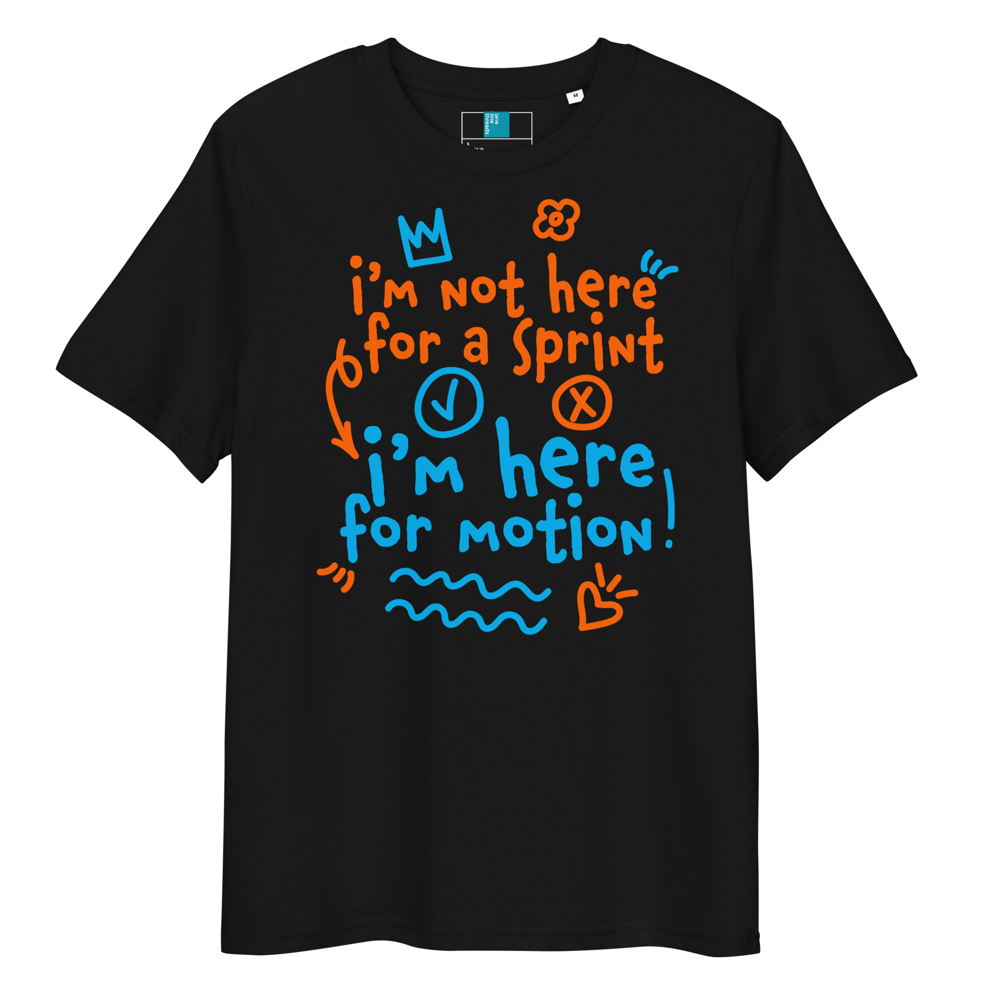 Black organic swim shirt with “I’m Not Here for a Sprint, I’m Here for Motion!” text in orange and blue - sustainable tee for USMS swimmers with chlorine-tired skin.