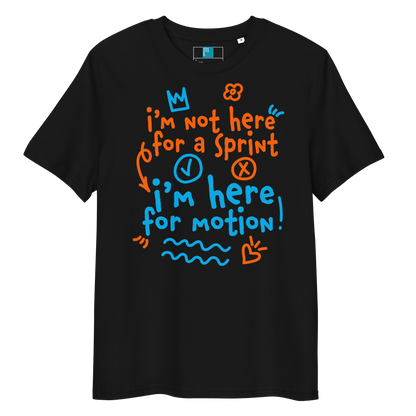 Black organic swim shirt with “I’m Not Here for a Sprint, I’m Here for Motion!” text in orange and blue - sustainable tee for USMS swimmers with chlorine-tired skin.