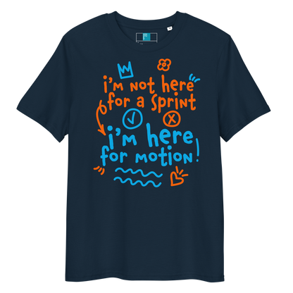 Navy organic swim shirt with “I’m Not Here for a Sprint, I’m Here for Motion!” text in orange and blue - sustainable tee for USMS swimmers with chlorine-tired skin.