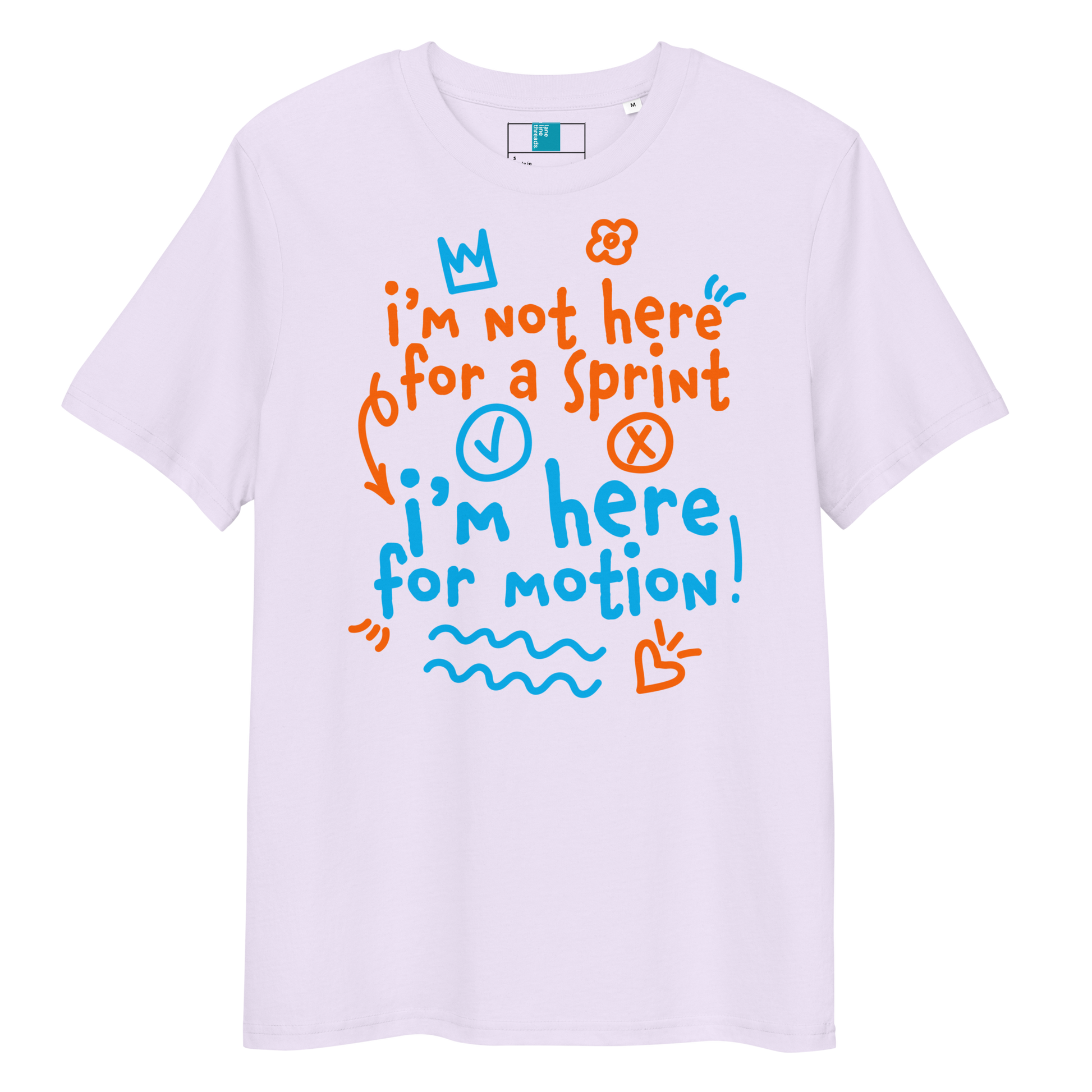 Lavender organic swim shirt with “I’m Not Here for a Sprint, I’m Here for Motion!” text in orange and blue - sustainable tee for USMS swimmers with chlorine-tired skin.