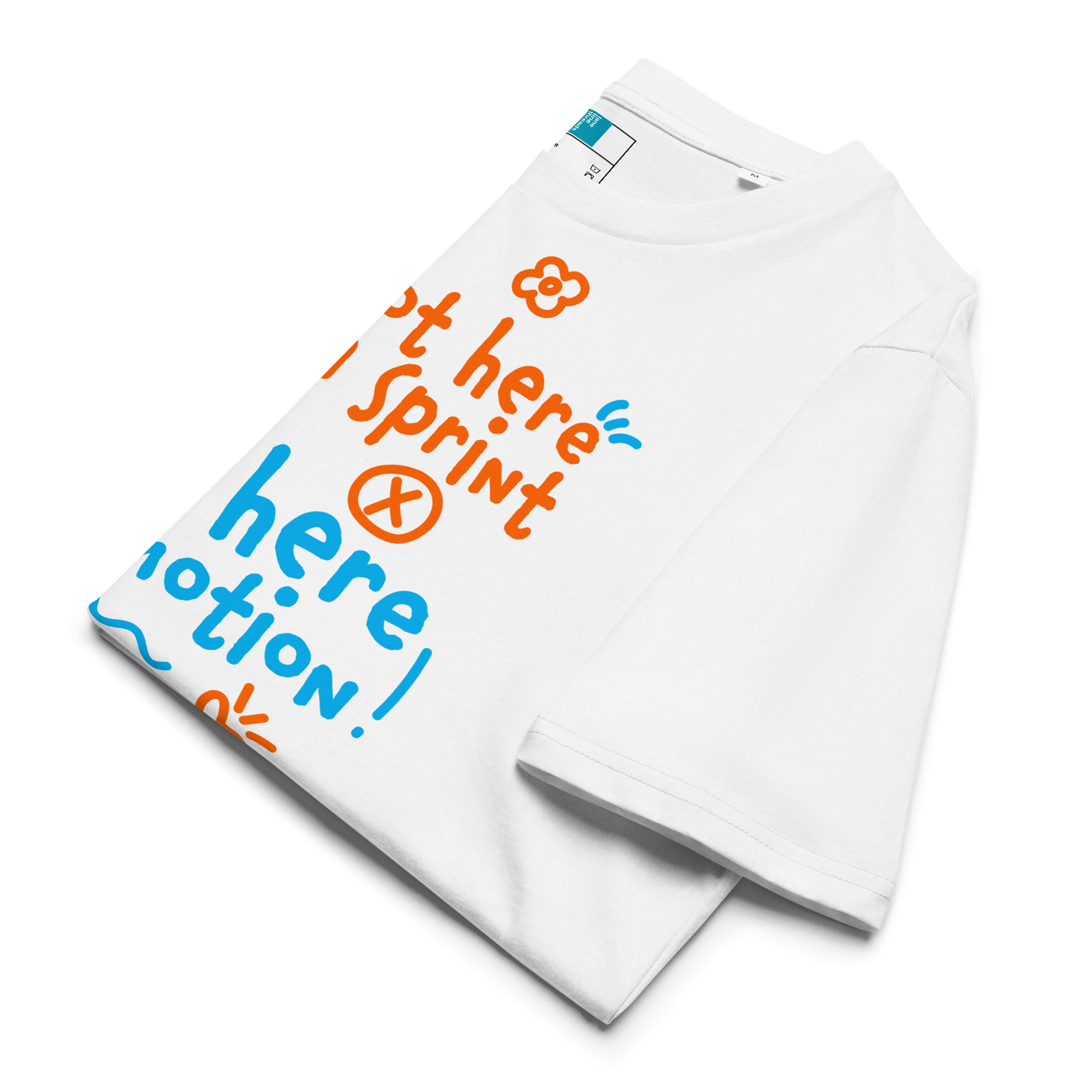 White swim shirt with colorful text design on a white background