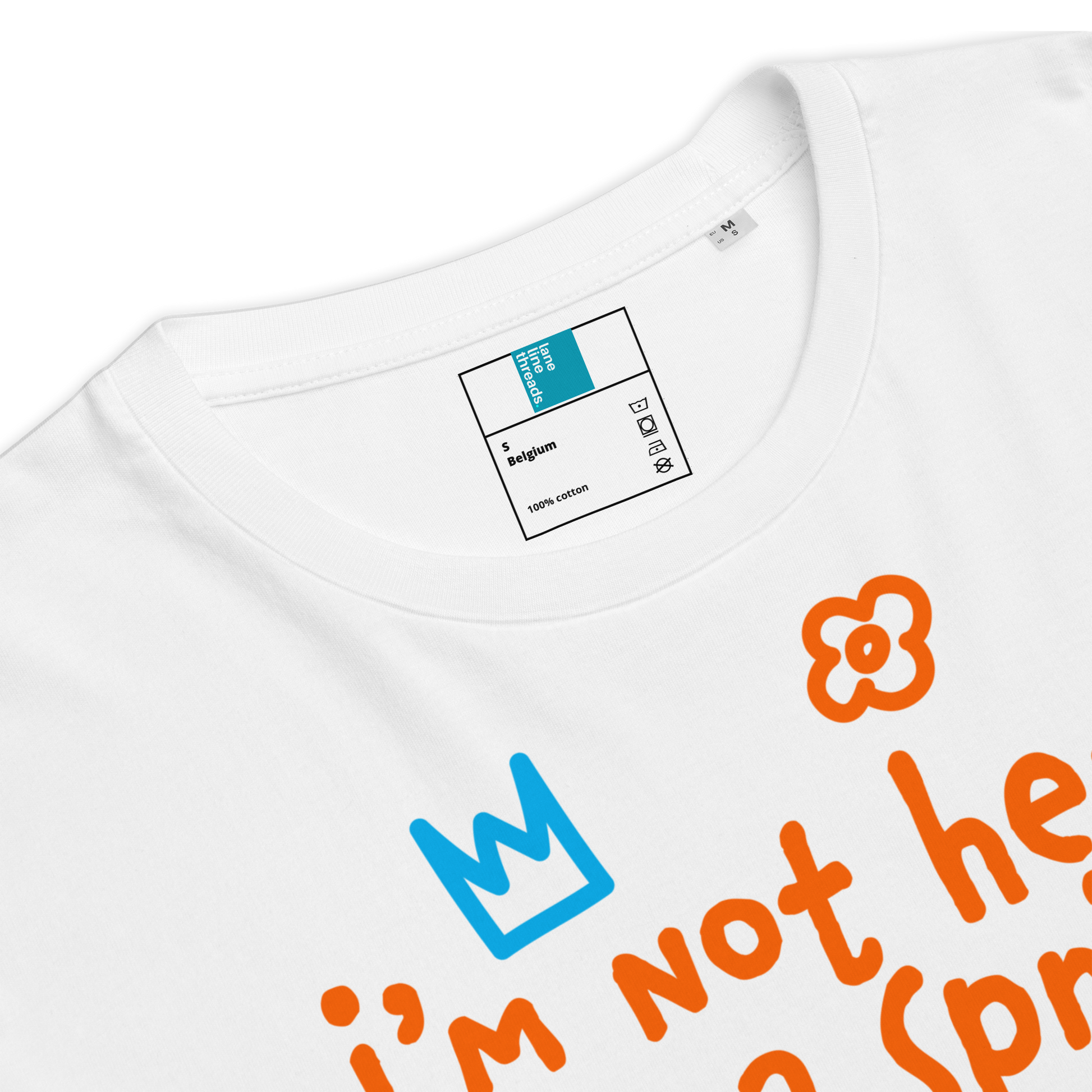 White swim shirt with colorful text and Lane Line Threads logo on a white background