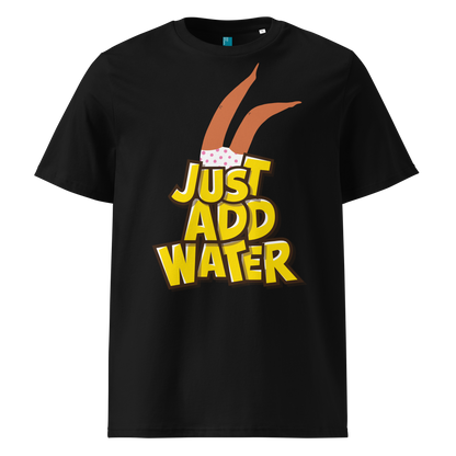Black organic swim shirt with “JUST ADD WATER” text and playful upside-down dive graphic, made from 100% biodegradable cotton for eco-conscious swimmers by Lane Line Threads.
