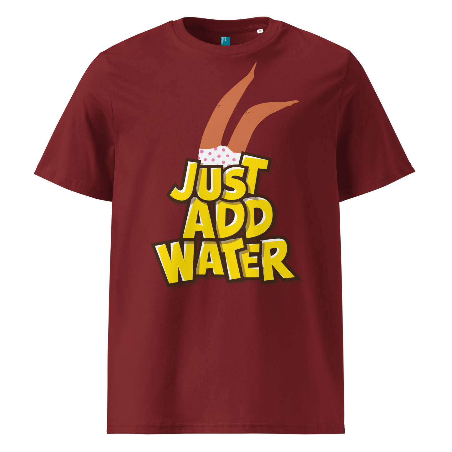 Maroon organic swim shirt with “JUST ADD WATER” text and playful upside-down dive graphic, made from 100% biodegradable cotton for eco-conscious swimmers by Lane Line Threads.
