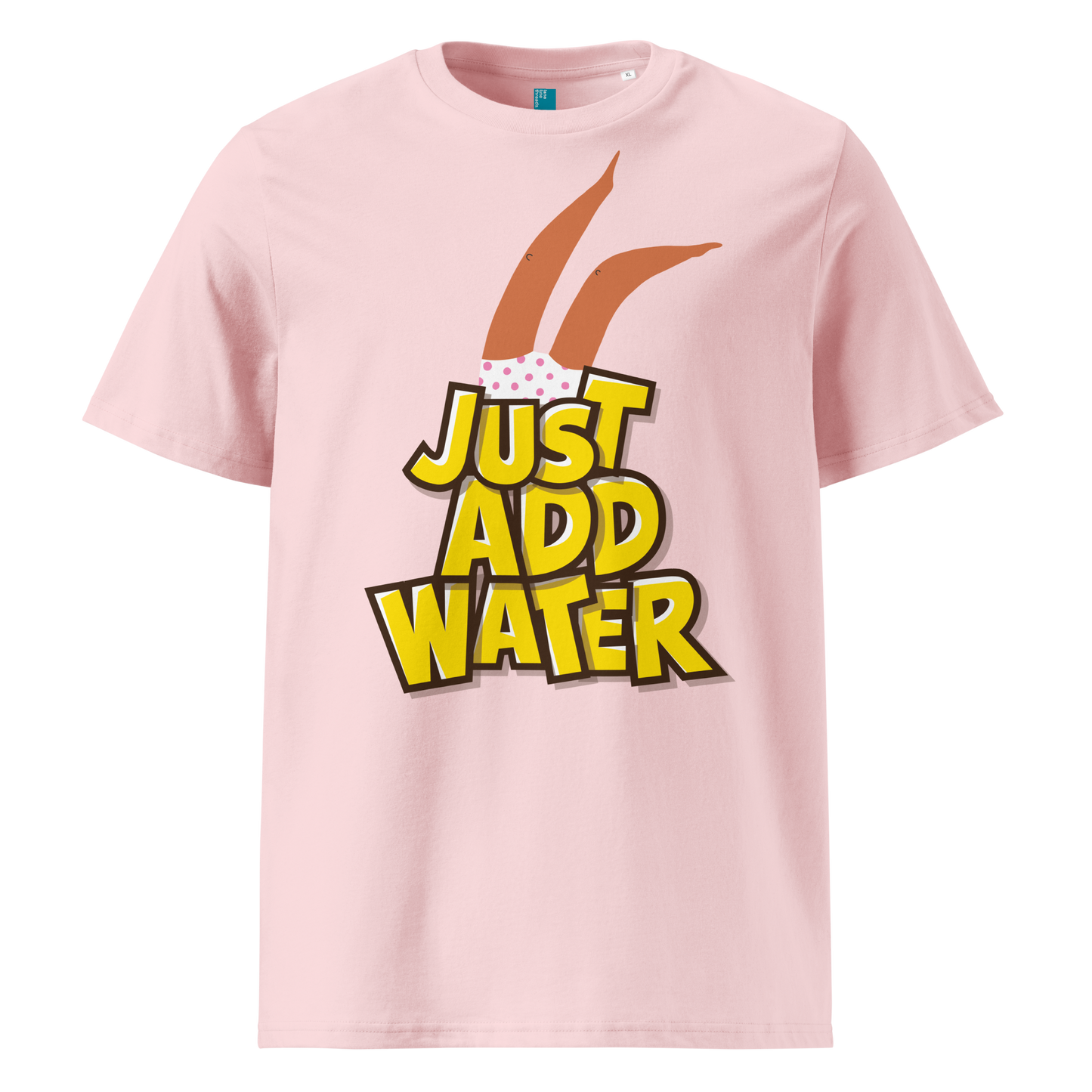 Pink organic swim shirt with “JUST ADD WATER” text and playful upside-down dive graphic, made from 100% biodegradable cotton for eco-conscious swimmers by Lane Line Threads.