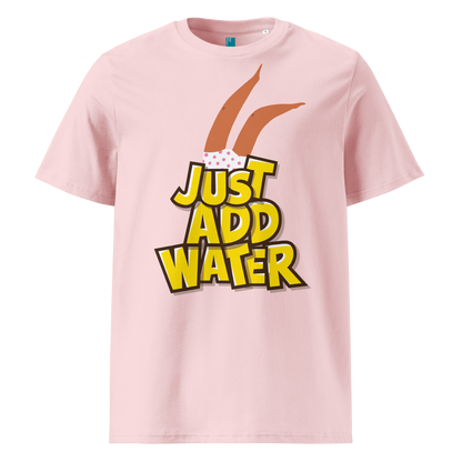 Pink organic swim shirt with “JUST ADD WATER” text and playful upside-down dive graphic, made from 100% biodegradable cotton for eco-conscious swimmers by Lane Line Threads.