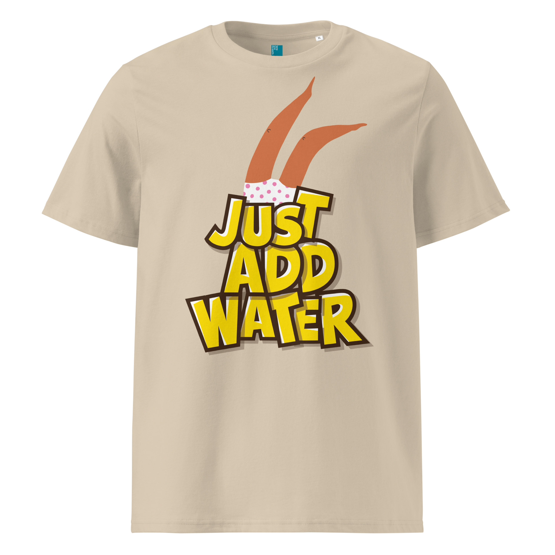 Beige organic swim shirt with “JUST ADD WATER” text and playful upside-down dive graphic, made from 100% biodegradable cotton for eco-conscious swimmers by Lane Line Threads.