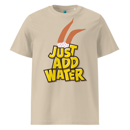 Beige organic swim shirt with “JUST ADD WATER” text and playful upside-down dive graphic, made from 100% biodegradable cotton for eco-conscious swimmers by Lane Line Threads.