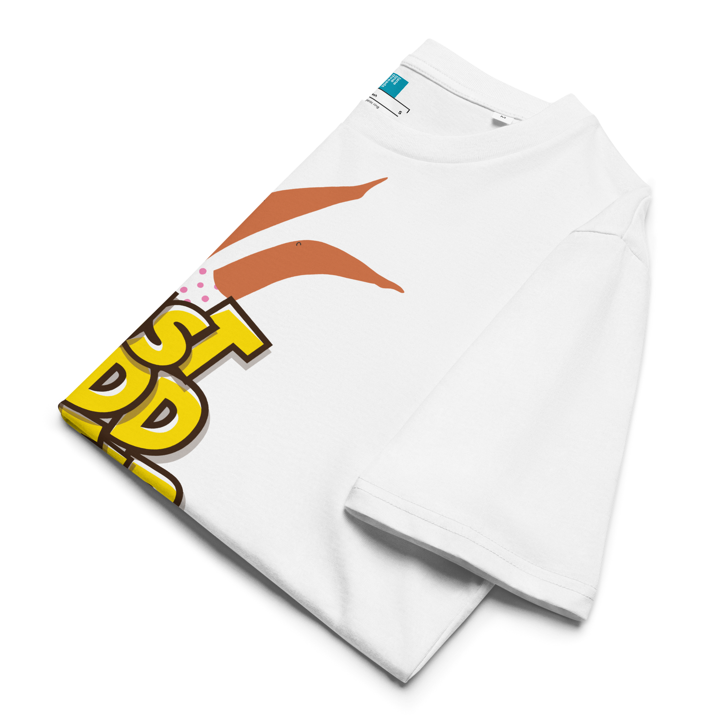 White organic swim shirt with colorful graphic design on a white background