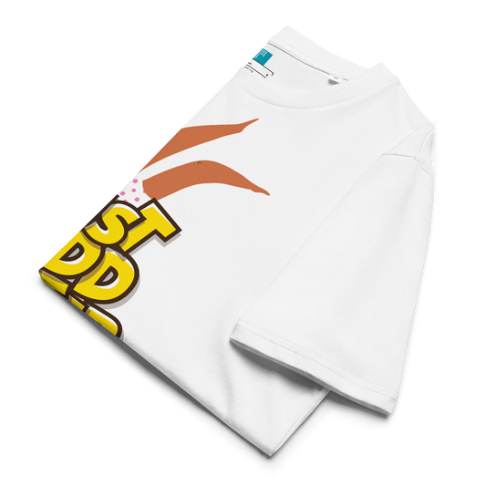 White organic swim shirt with colorful graphic design on a white background
