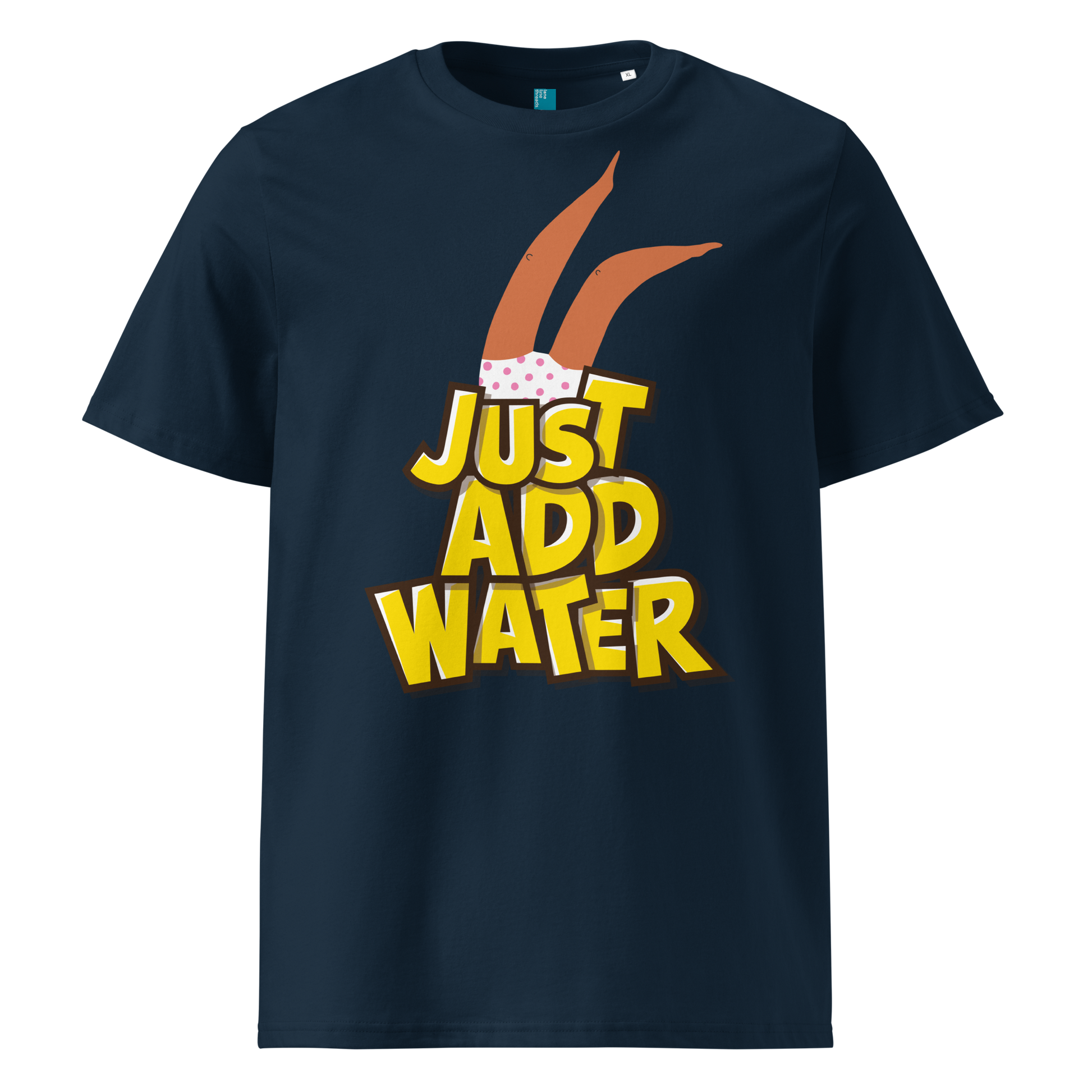 Navy organic swim shirt with “JUST ADD WATER” text and playful upside-down dive graphic, made from 100% biodegradable cotton for eco-conscious swimmers by Lane Line Threads.