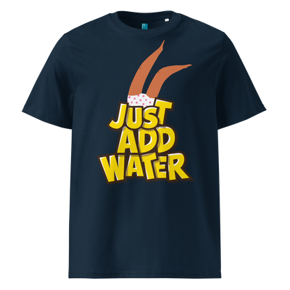 Navy organic swim shirt with “JUST ADD WATER” text and playful upside-down dive graphic, made from 100% biodegradable cotton for eco-conscious swimmers by Lane Line Threads.