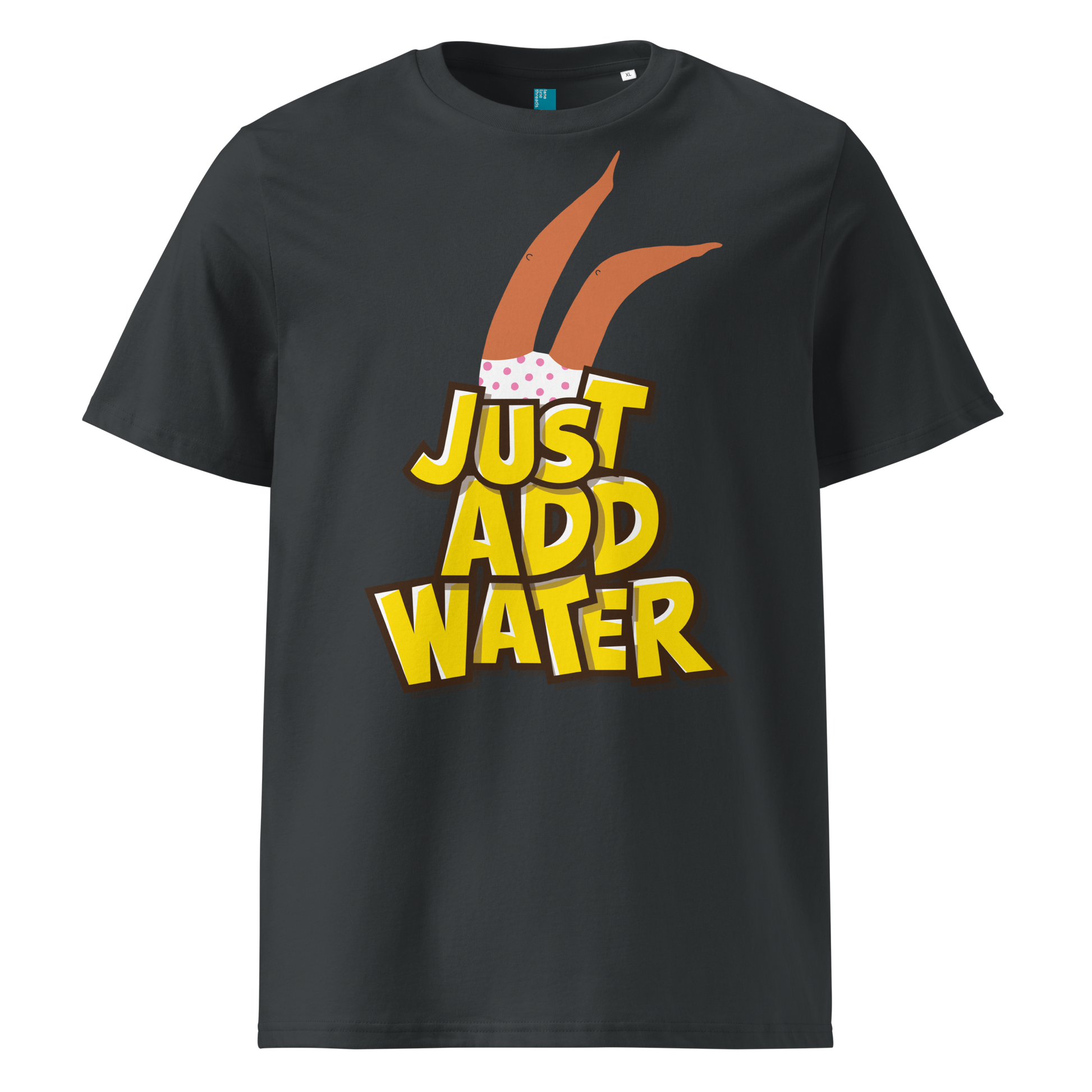 Grey organic swim shirt with “JUST ADD WATER” text and playful upside-down dive graphic, made from 100% biodegradable cotton for eco-conscious swimmers by Lane Line Threads.