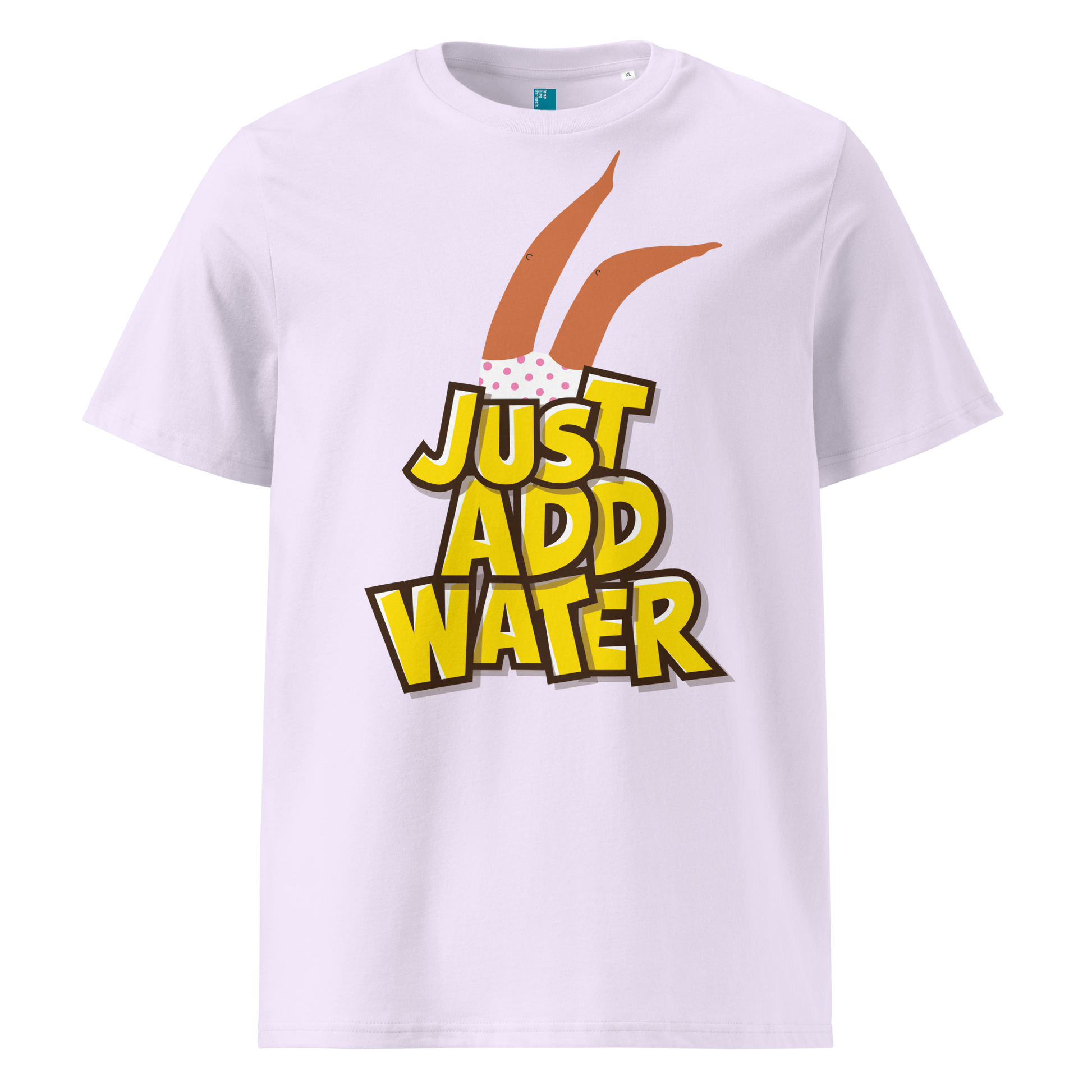 Lavender organic swim shirt with “JUST ADD WATER” text and playful upside-down dive graphic, made from 100% biodegradable cotton for eco-conscious swimmers by Lane Line Threads.