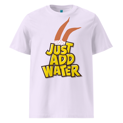 Lavender organic swim shirt with “JUST ADD WATER” text and playful upside-down dive graphic, made from 100% biodegradable cotton for eco-conscious swimmers by Lane Line Threads.