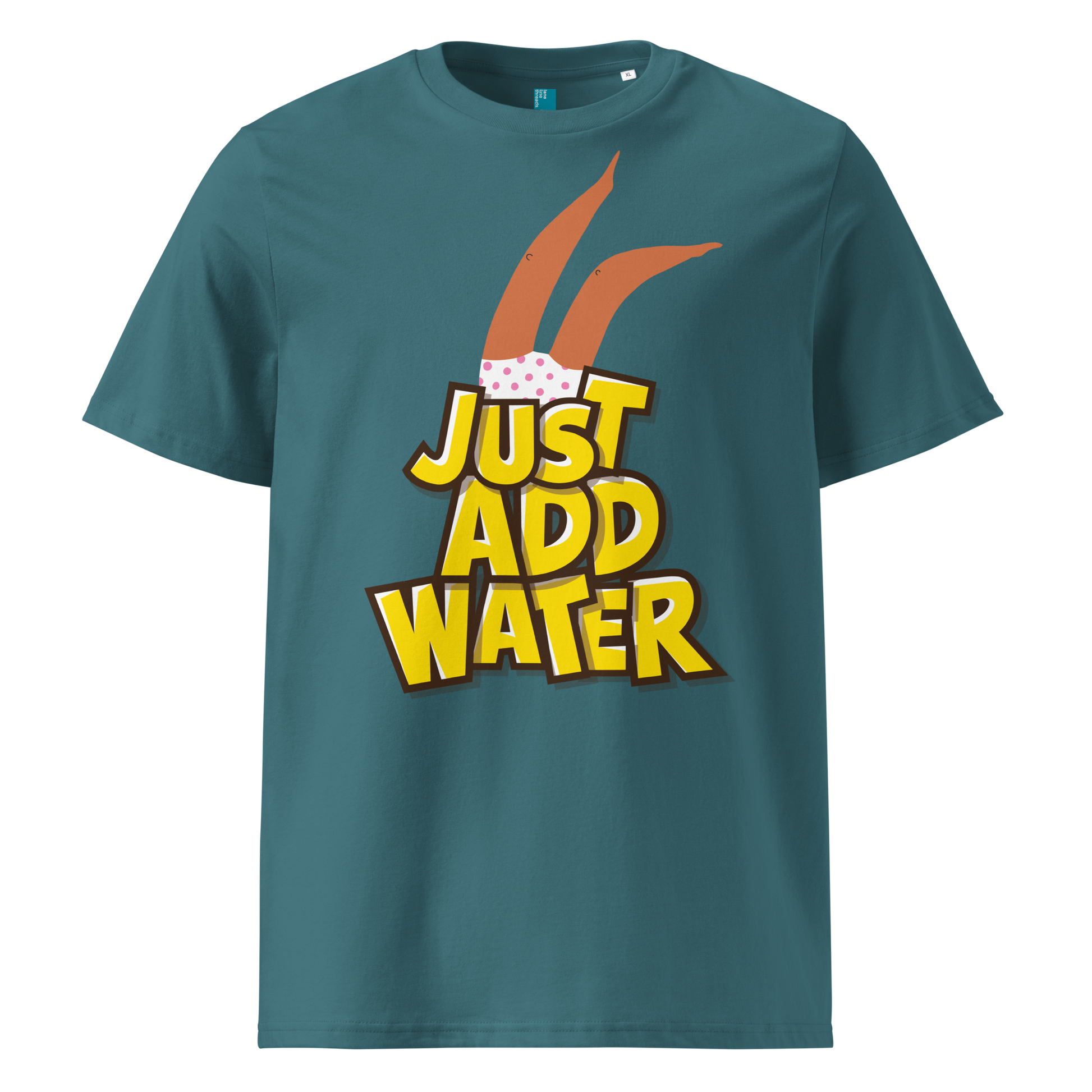 Teal organic swim shirt with “JUST ADD WATER” text and playful upside-down dive graphic, made from 100% biodegradable cotton for eco-conscious swimmers by Lane Line Threads.