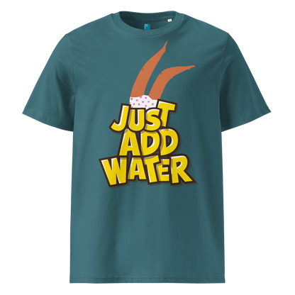 Teal organic swim shirt with “JUST ADD WATER” text and playful upside-down dive graphic, made from 100% biodegradable cotton for eco-conscious swimmers by Lane Line Threads.