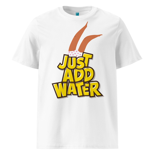 White organic swim shirt with “JUST ADD WATER” text and playful upside-down dive graphic, made from 100% biodegradable cotton for eco-conscious swimmers by Lane Line Threads.