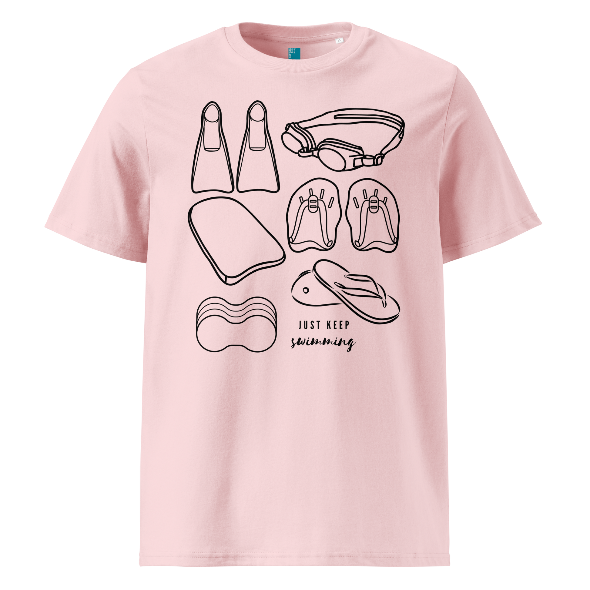 Pink organic swim shirt with line art of swimming gear and “Just Keep Swimming” text – eco-friendly t-shirt for swimmers by Lane Line Threads.
