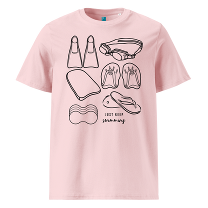 Pink organic swim shirt with line art of swimming gear and “Just Keep Swimming” text – eco-friendly t-shirt for swimmers by Lane Line Threads.