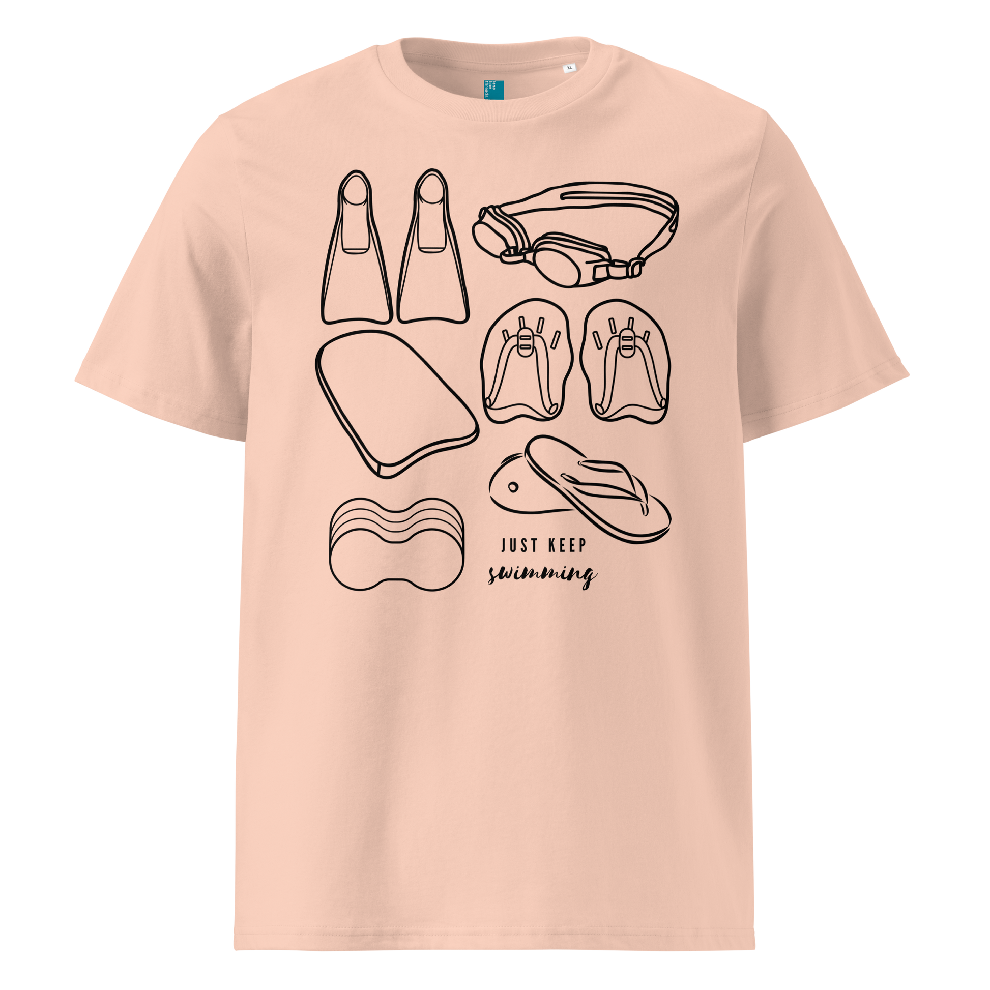 Peach organic swim shirt with line art of swimming gear and “Just Keep Swimming” text – eco-friendly t-shirt for swimmers by Lane Line Threads.