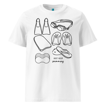 White organic swim shirt with line art of swimming gear and “Just Keep Swimming” text – eco-friendly t-shirt for swimmers by Lane Line Threads.