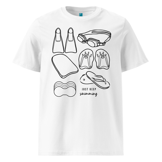 White organic swim shirt with line art of swimming gear and “Just Keep Swimming” text – eco-friendly t-shirt for swimmers by Lane Line Threads.