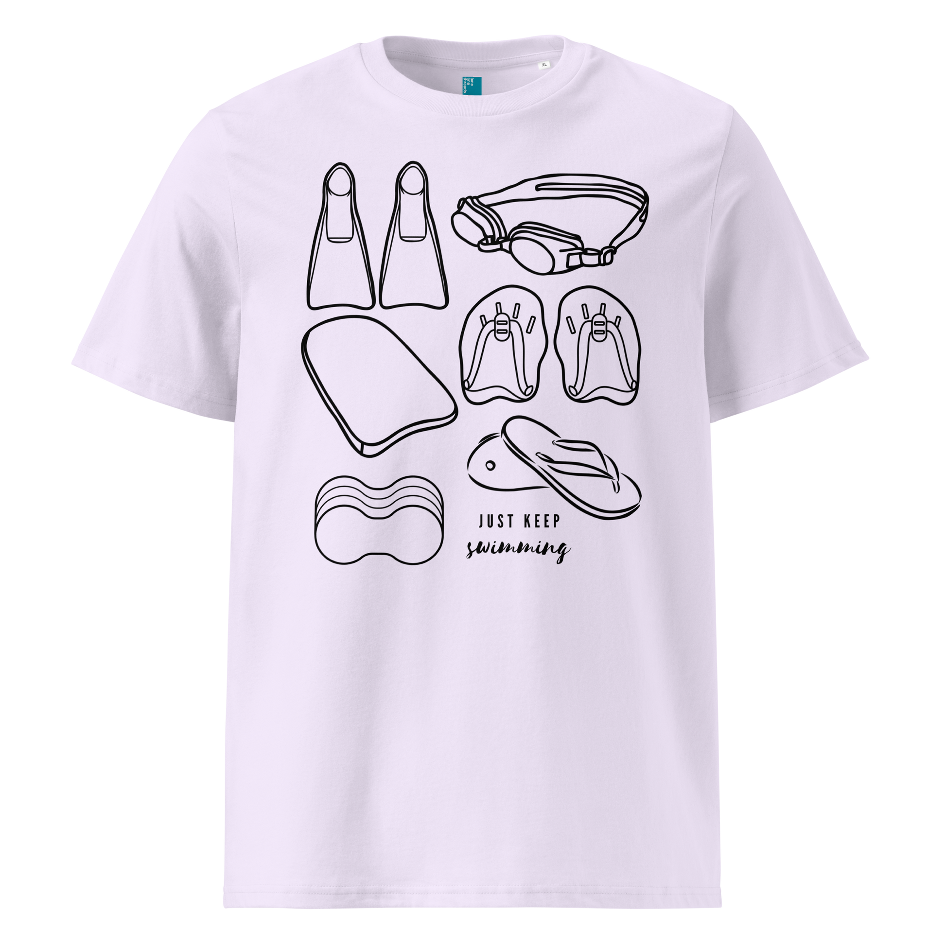 Lavender organic swim shirt with line art of swimming gear and “Just Keep Swimming” text – eco-friendly t-shirt for swimmers by Lane Line Threads.