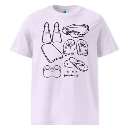 Lavender organic swim shirt with line art of swimming gear and “Just Keep Swimming” text – eco-friendly t-shirt for swimmers by Lane Line Threads.